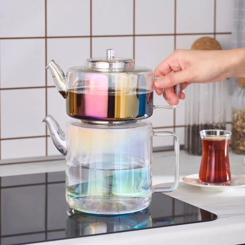 Karaca Flat Borosilicate Glass Luster Teapot, Multi