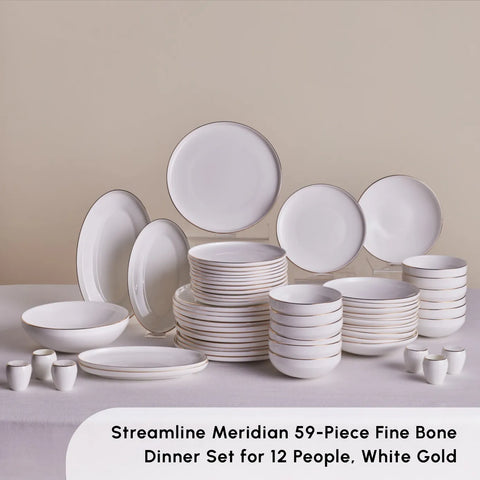 Karaca Streamline Meridian 59-Piece Bone China Dinner Set for 12 People, White Gold