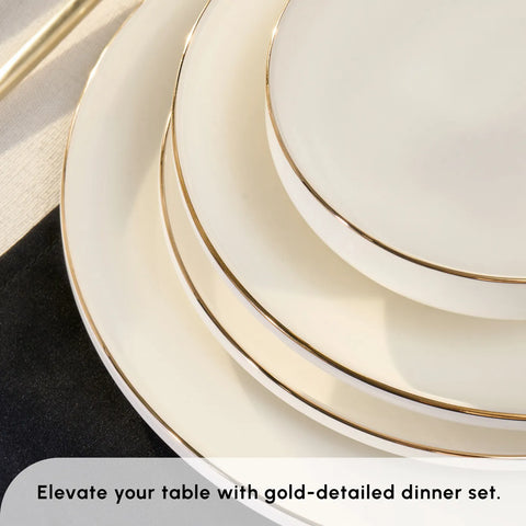 Karaca Streamline Meridian 59-Piece Bone China Dinner Set for 12 People, White Gold