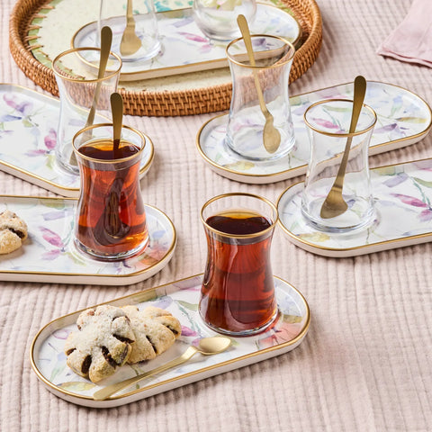 Karaca Madeira 12-Piece Glass Turkish Tea Set for 6 People, Multi