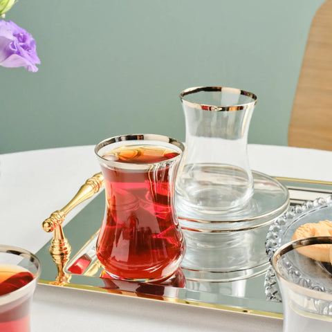 Karaca Sydney 12-Piece Glass Turkish Tea Set for 6 People, Platinum