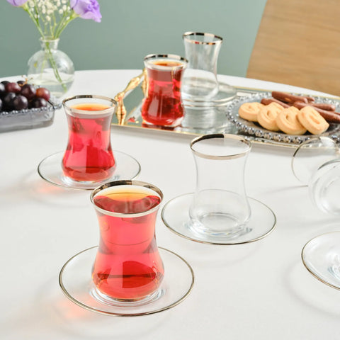 Karaca Sydney 12-Piece Glass Turkish Tea Set for 6 People, Platinum