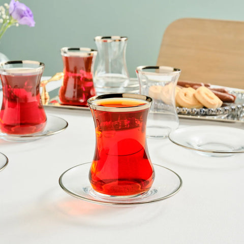 Karaca Sydney 12-Piece Glass Turkish Tea Set for 6 People, Platinum