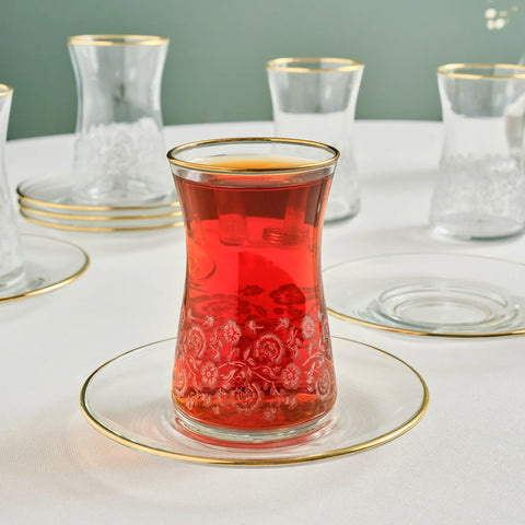 Karaca Brugge 12-Piece Glass Turkish Tea Set for 6 People, Gold