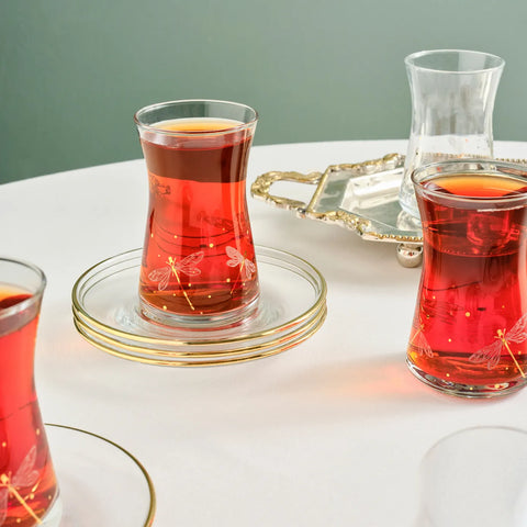 Karaca Yusufçuk 12-Piece Glass Turkish Tea Set for 6 People, Gold