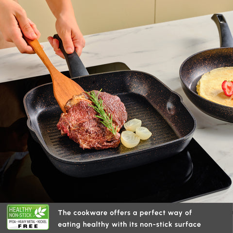 Karaca Blackgold Biogranite 2-Piece Induction Pan-Grill Set, Black Gold