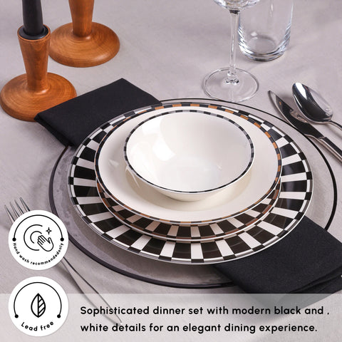 Karaca Aries 24-Piece New Generation Bone China Dinner Set for 6 People, Black White