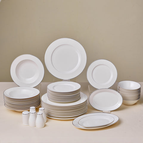 Karaca Lexi 56-Piece Bone China Dinner Set for 12 People, White Platinum