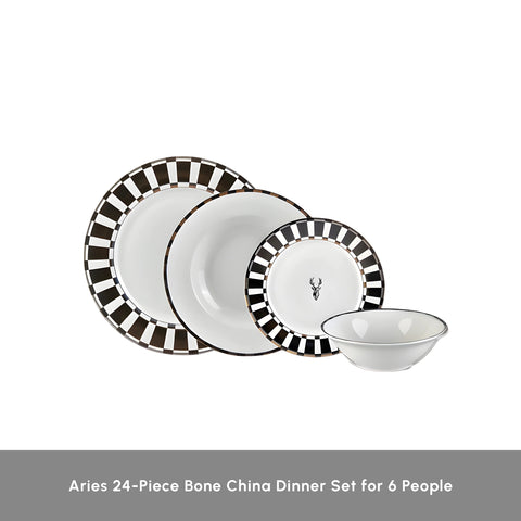 Karaca Aries 24-Piece New Generation Bone China Dinner Set for 6 People, Black White