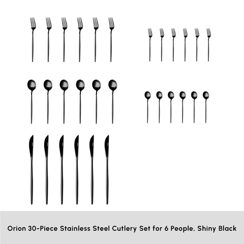 Karaca Orion 30-Piece Stainless Steel Cutlery Set for 6 People, Shiny Black